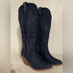 Dark Blue Denim Silver Embellished Western, Cowboy Boot, NWT